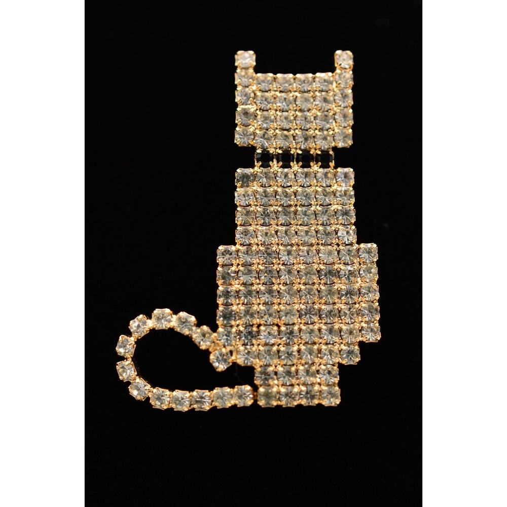Vintage Cat Pin Brooch Rhinestone Crystal Black Gold Shiny Sparkle 1980s BinAP